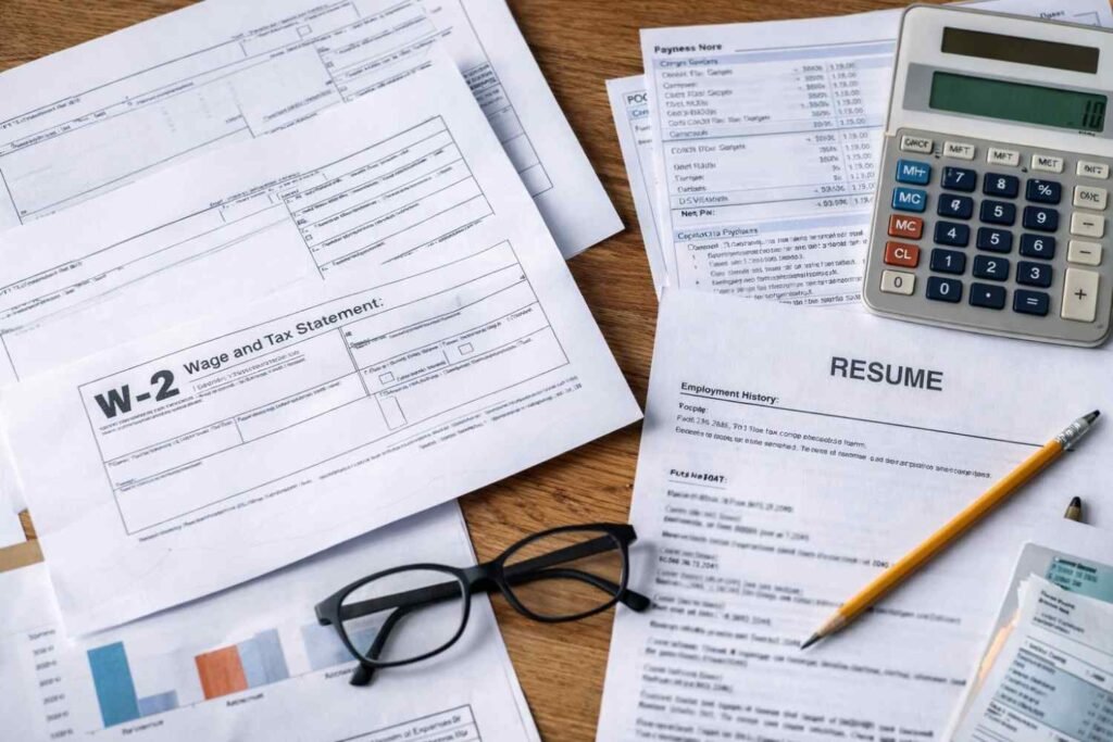 W-2 forms and tax returns reveal annual earnings history.